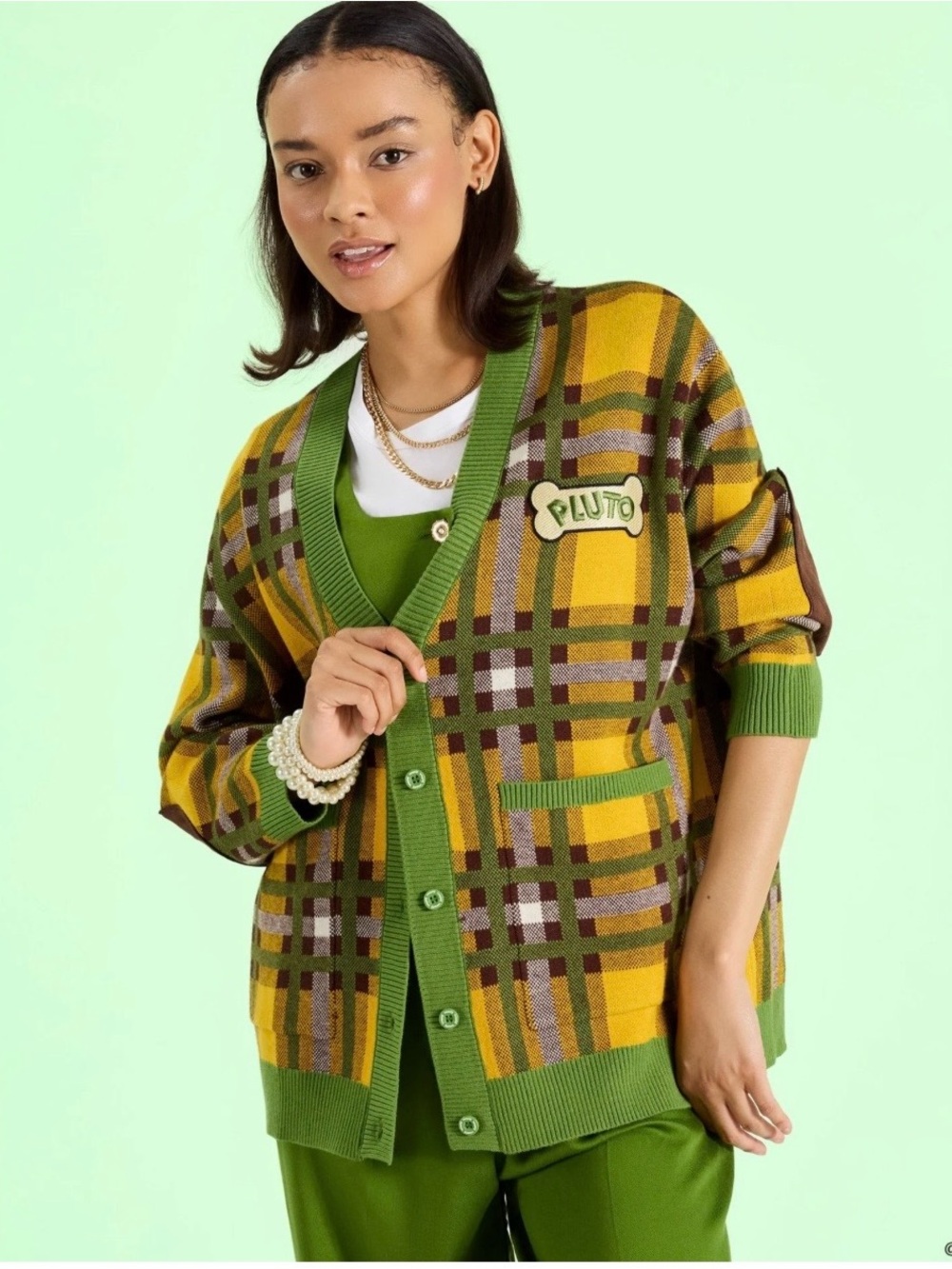 Loungefly Green and Mustard Plaid Cardigan with Pluto Patch